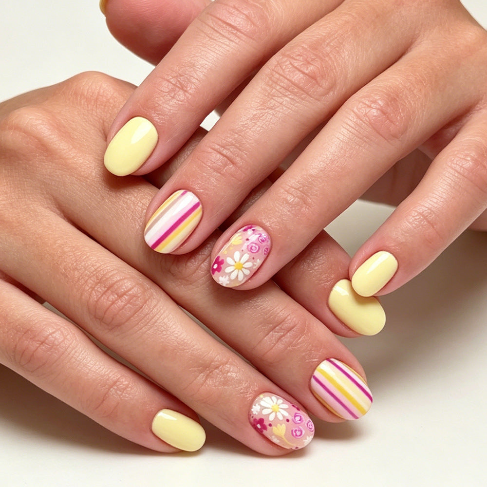 Sunny Delight Medium Oval Pastel Yellow with Floral Accents Press On Nail Set