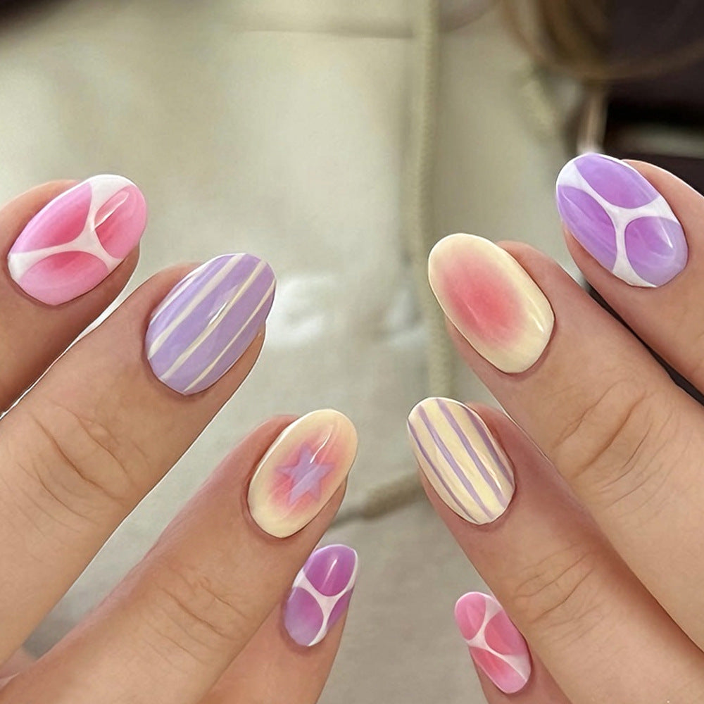 Chic Pastel Medium Oval Nail Set with Unique Abstract Designs