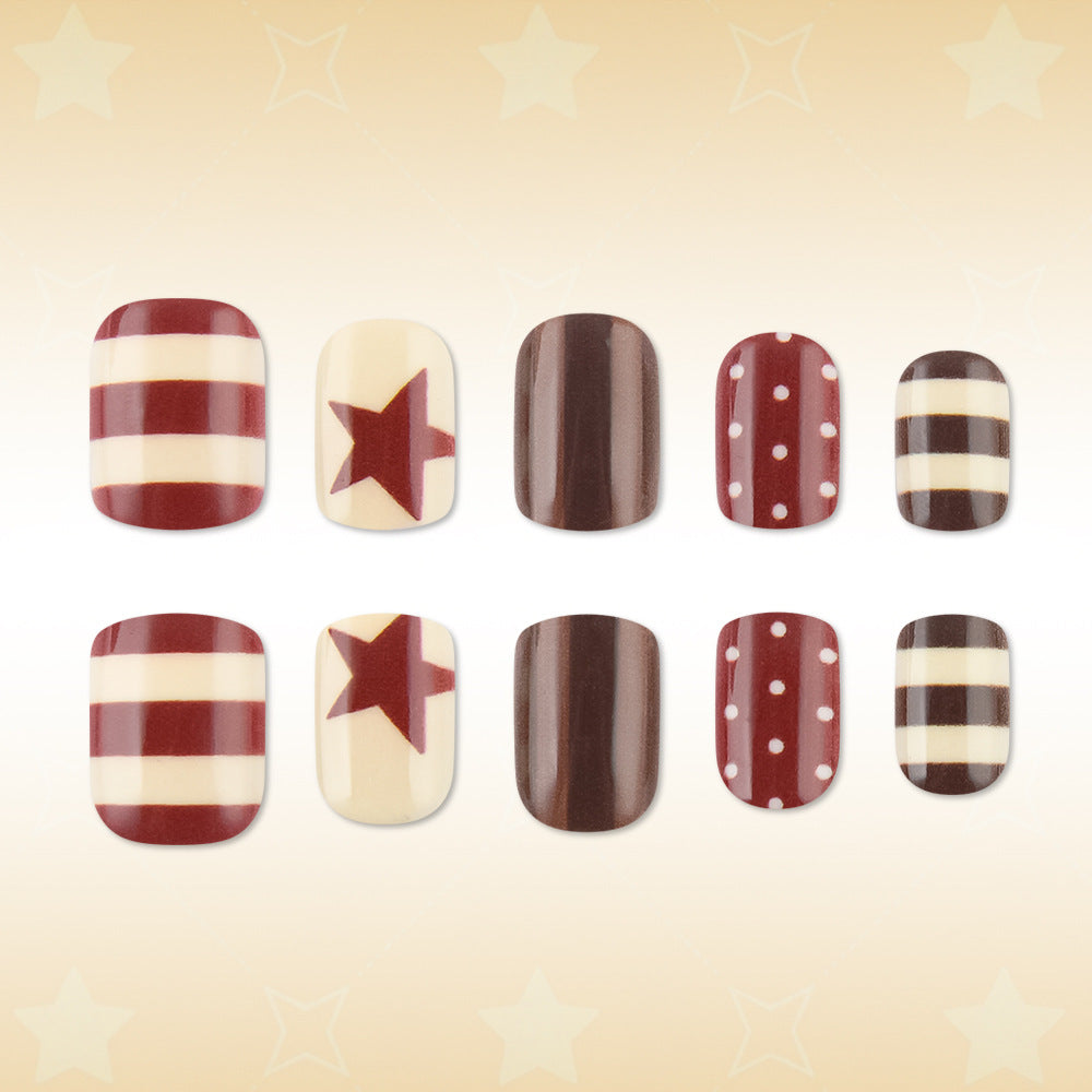 Cozy Autumn Short Square Burgundy with Whimsical Star Design Press On Nail Set
