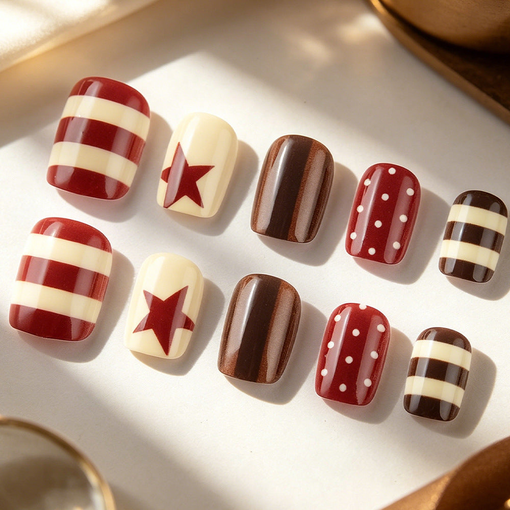 Autumn Delight Short Square Burgundy and Cream Patterned Press On Nail Set