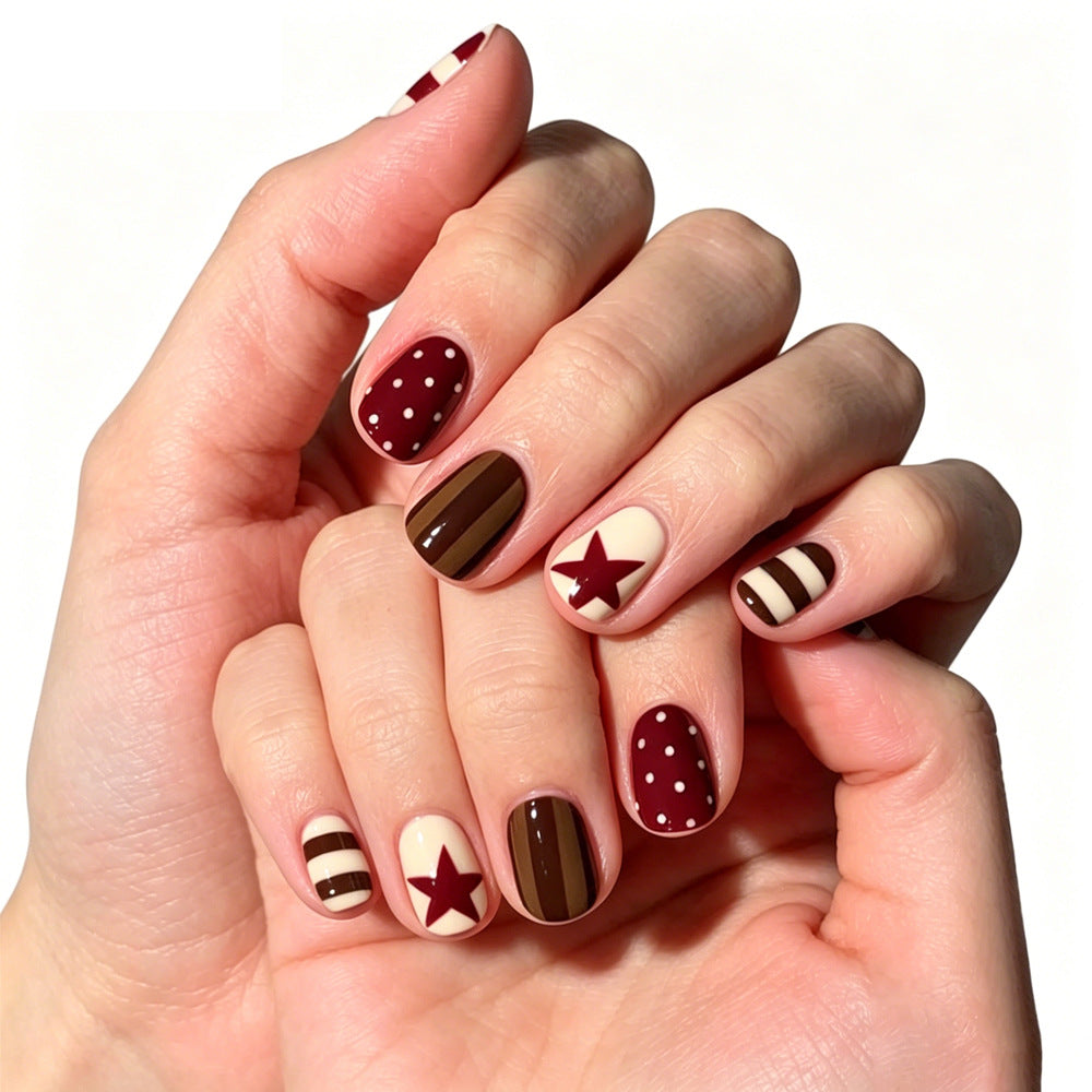 Chocolate Delight Short Square Burgundy Nail Set with Unique Star Design