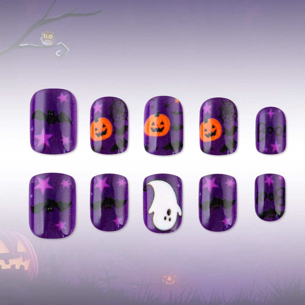 Spooky Halloween Short Square Purple Press On Nail Set with Fun Ghost and Pumpkin Design