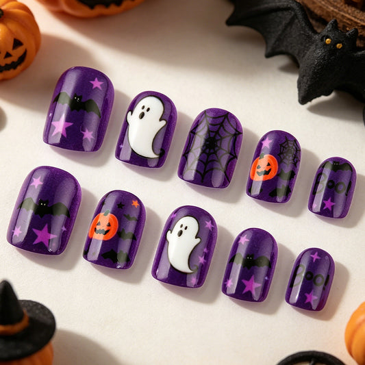 Spooky Halloween Short Square Purple Glow in the Dark Nail Set
