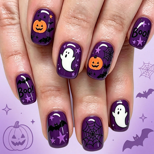 Spooky Halloween Short Square Purple Nail Set with Ghost and Pumpkin Designs