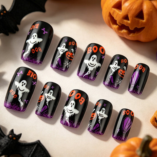 Spooky Halloween Short Square Black and Purple Ghost Design Press On Nail Set