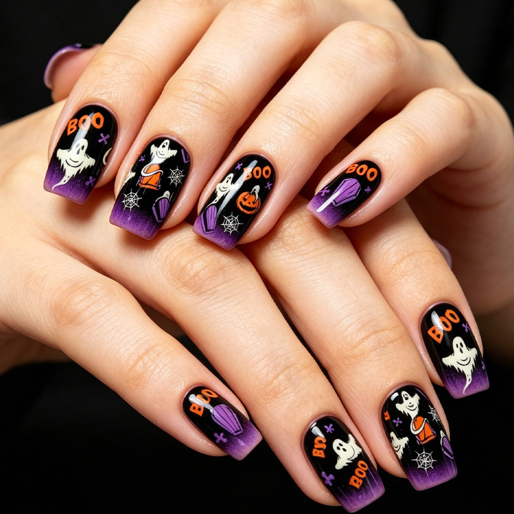 Halloween Chic Medium Square Purple with Spooky Ghost Designs Press On Nail Set