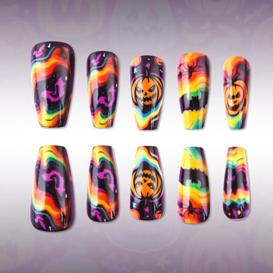 Hocus Pocus Medium Coffin Multicolor Halloween Whirl Press On Nail Set