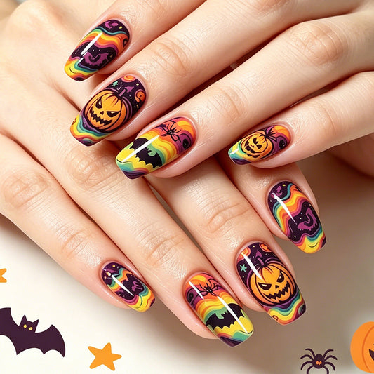 Halloween Vibes Long Coffin Colorful Ombre Nail Set with Spooky Designs