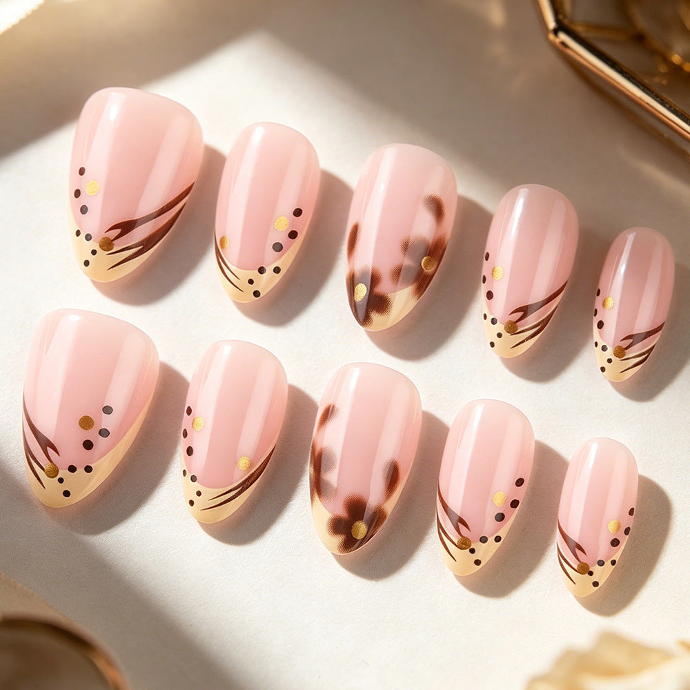 Chic Floral Elegance Medium Almond Blush Pink with Gold Accents Press-On Nail Set