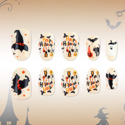Spooky Halloween Short Oval White with Fun Halloween Themes Press On Nail Set