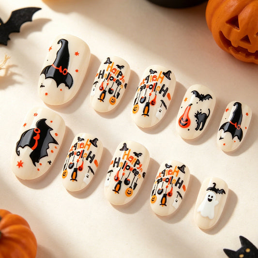 Spooky Halloween Short Oval Orange and Black Design Press-On Nail Set