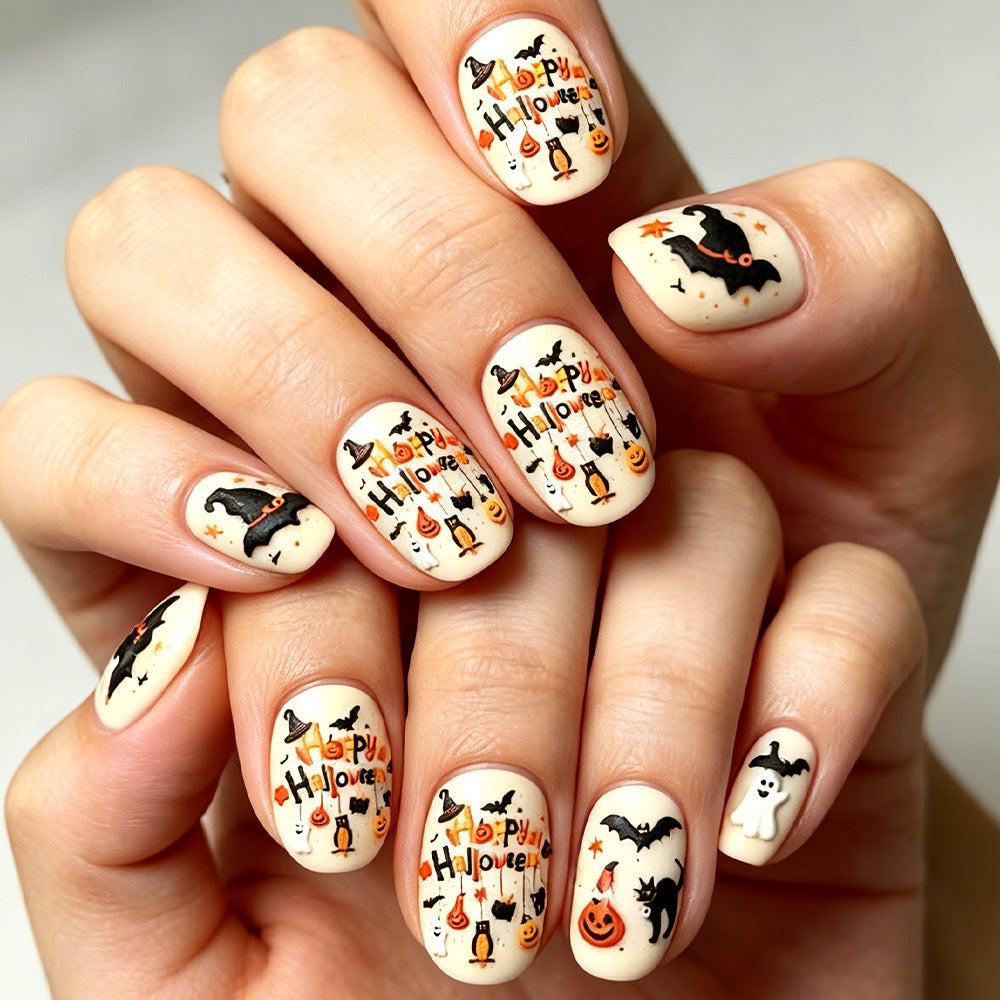 Spooky Halloween Theme Short Round Orange and Black Nail Set with Festive Designs