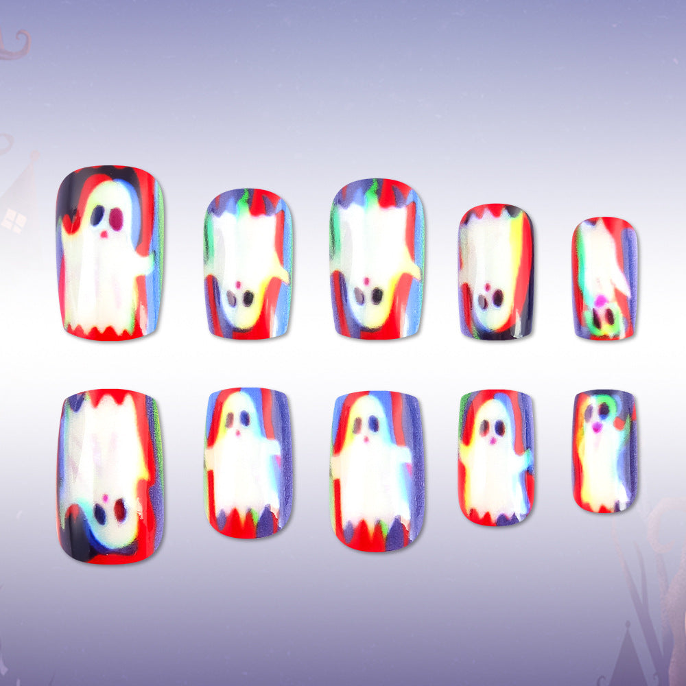 Spooky Ghost Design Medium Square Colorful Pastel Ombre Nail Set