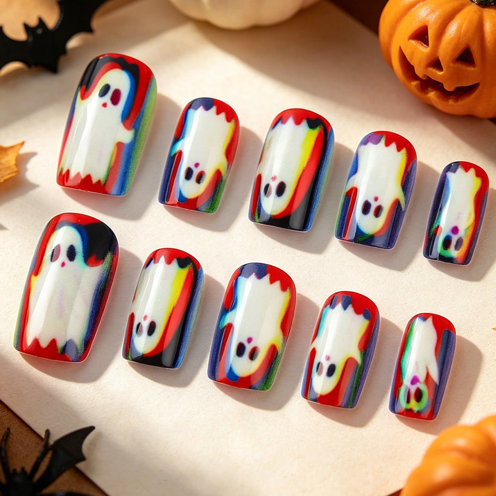 Spooky Ghost Design Short Square Multicolor Press On Nail Set