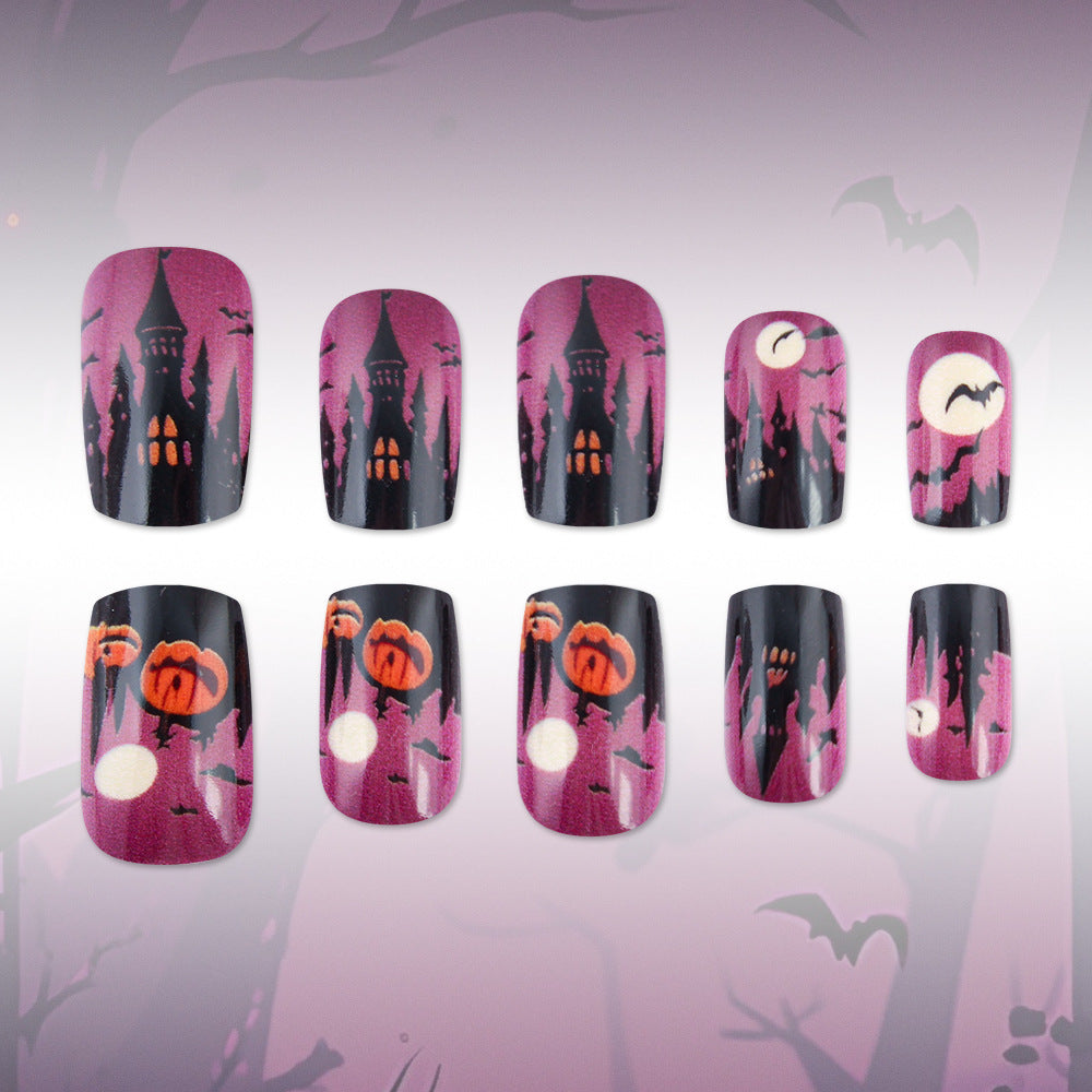 Spooky Halloween Medium Square Black and Orange Nail Set with Haunted Castle Design