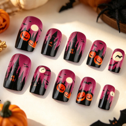 Halloween Haunted Medium Square Black and Purple Nail Set with Spooky Pumpkin and Castle Design