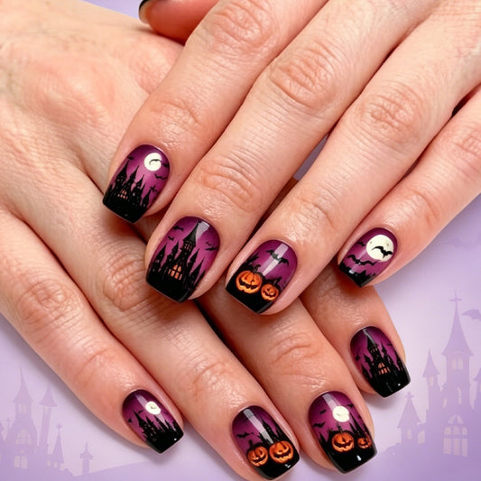 Spooky Vibes Medium Square Purple with Halloween-Themed Designs Press On Nail Set