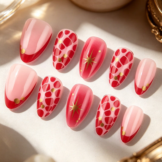 Vibrant Festival Medium Almond Pink and Red Nail Set with Unique Gold Accents
