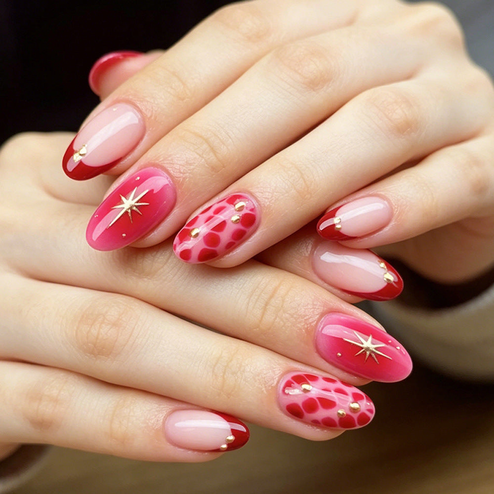 Celestial Glamour Medium Almond Pink with Gold Accents Press on Nail Set
