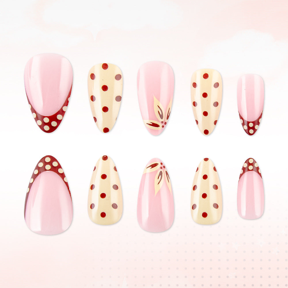 Chic Floral Design Short Oval Blush Pink with Charming Polka Dots Press On Nail Set