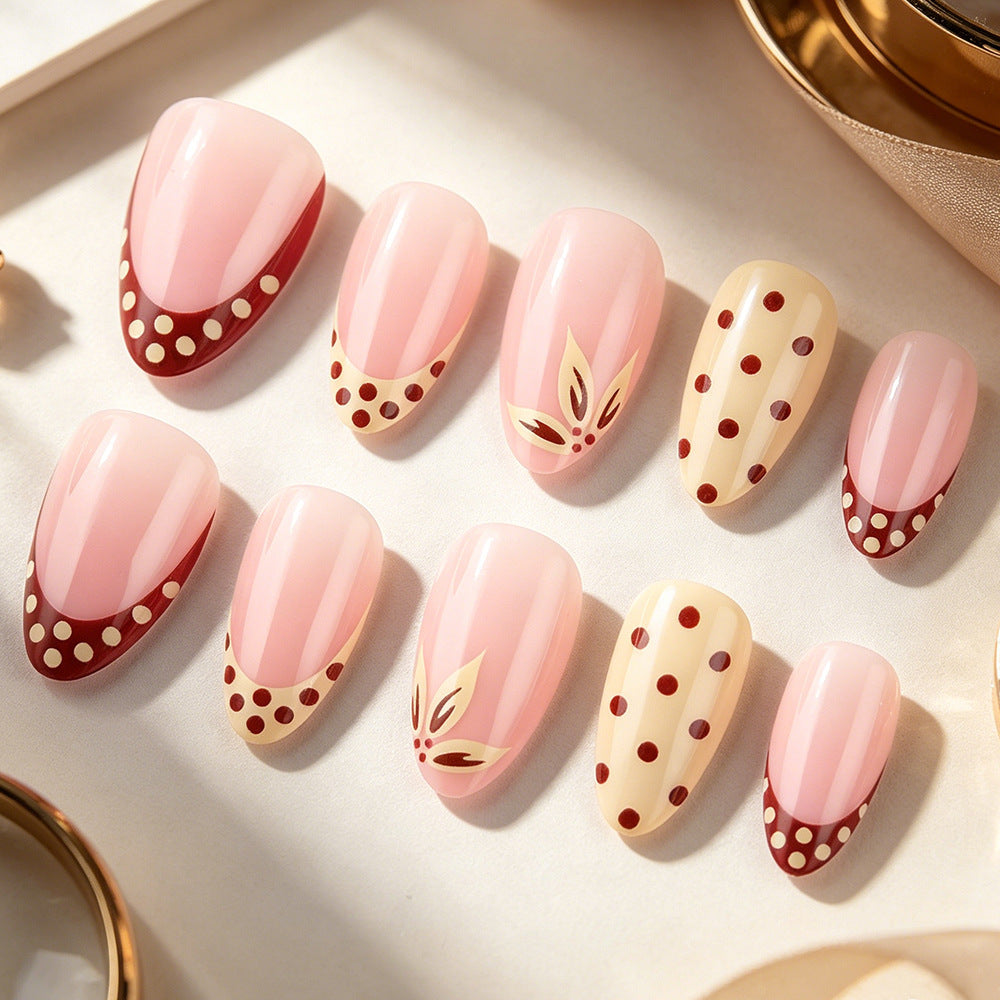Whimsical Blossom Medium Almond Pink with Elegant Polka Dots Press On Nail Set