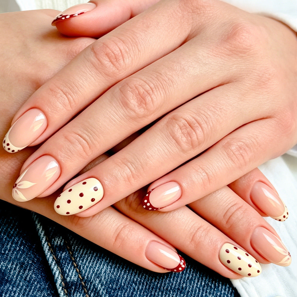 Autumn Elegance Medium Oval Beige with Polka Dot Accents Nail Set