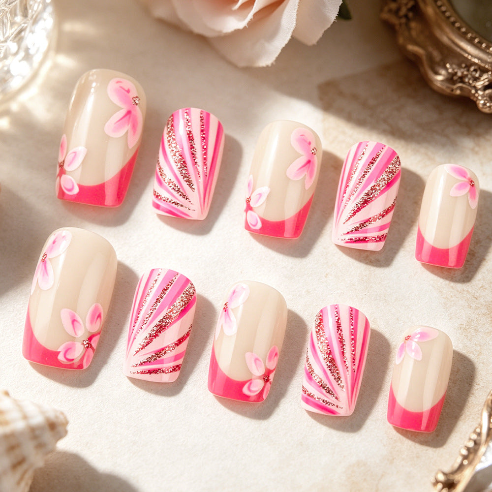 Blossom Inspired Short Square Pink Glitter Floral Press On Nail Set