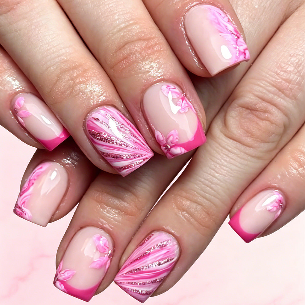 Charming Blossom Short Square Pink Nail Set with Floral Accents