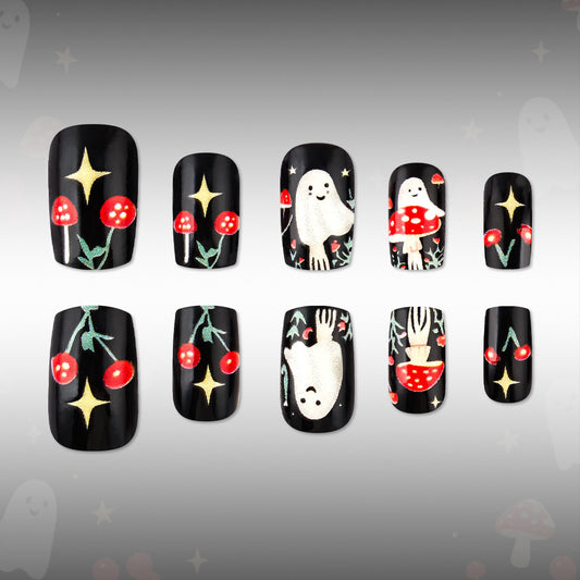 Spooky Wonderland Short Square Black with Colorful Ghost and Mushroom Design Press On Nail Set
