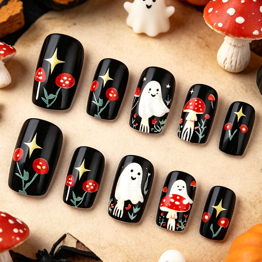 Spooky Enchantment Short Square Black Nail Set with Whimsical Ghost and Mushroom Design