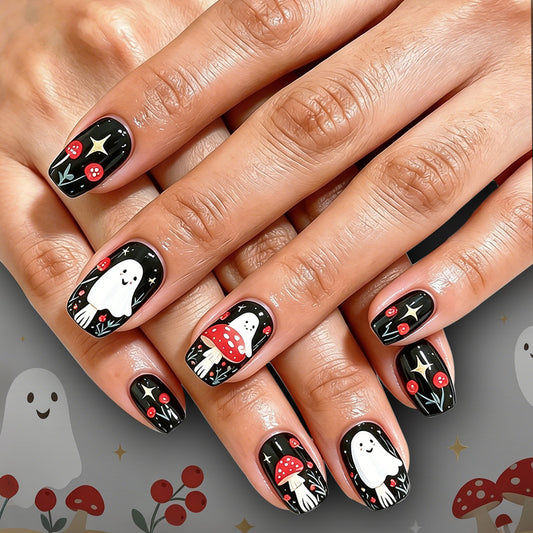 Spooky Enchantment Short Square Black with Ghost and Mushroom Design Press on Nail Set