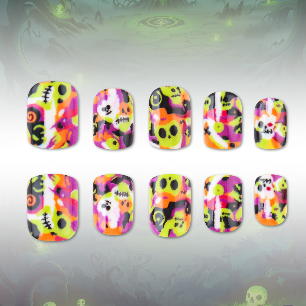 Spooky Vibes Short Square Neon Skull Press On Nail Set