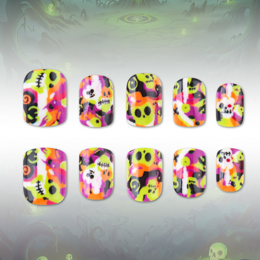 Spooky Vibes Short Square Neon Skull Press On Nail Set