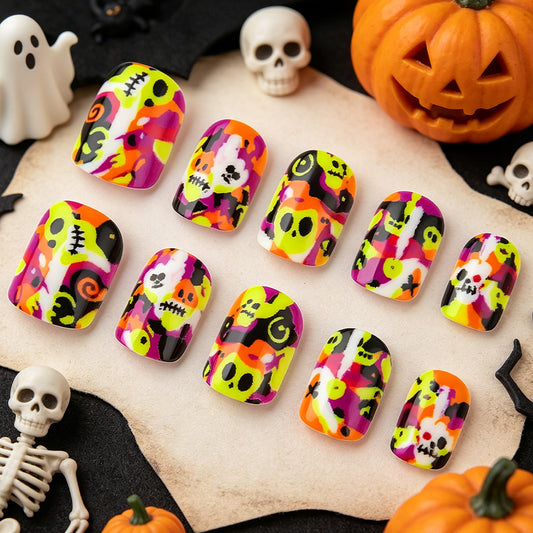 Spooky Vibe Short Square Neon Skull Press On Nail Set