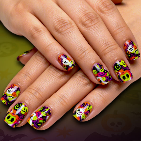 Spooky Fun Medium Square Purple Skull Pattern Press On Nail Set