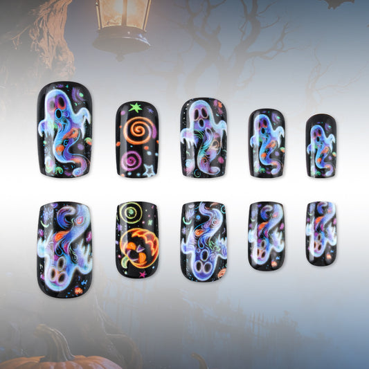 Spooky Glow in the Dark Medium Square Colorful Ghostly Nail Set