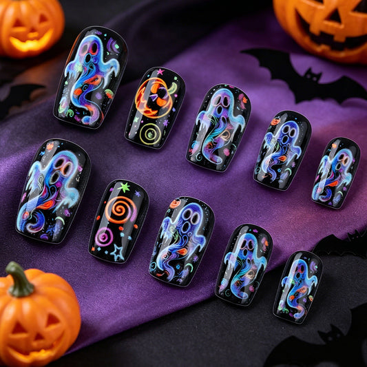 Hauntingly Colorful Medium Square Nail Set with Glow in the Dark Ghost Designs