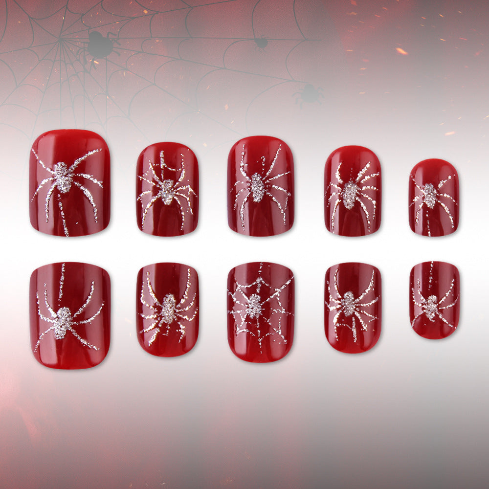 Spooky Glam Short Square Red Nails with Glittery Spider Design
