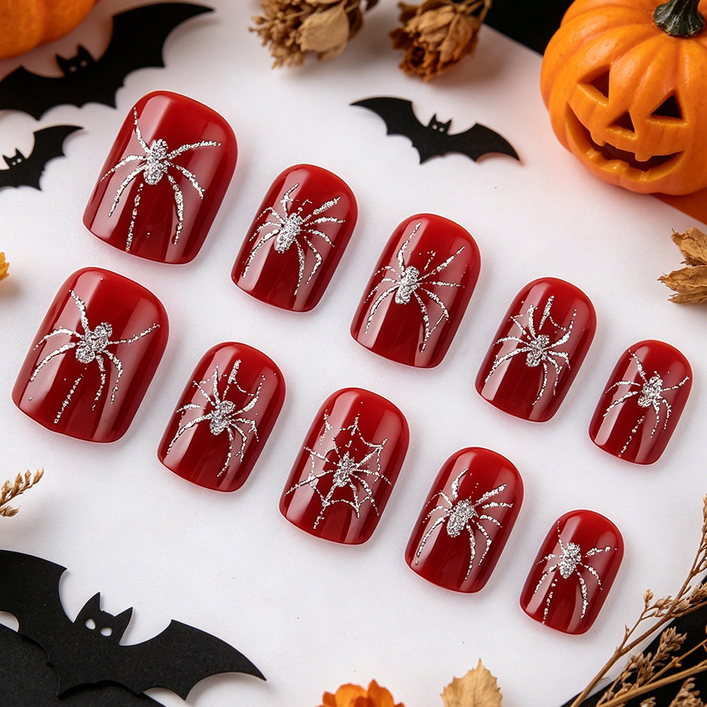 Spooky Red Short Square Press On Nail Set with Glittery Spider Design