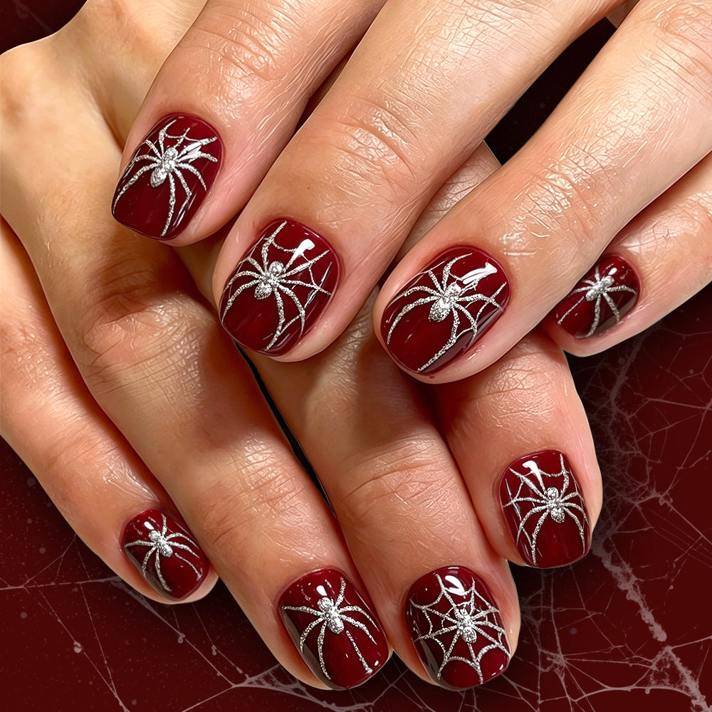 Spooky Elegance Short Square Burgundy with Intricate Spider Web Design Press on Nail Set