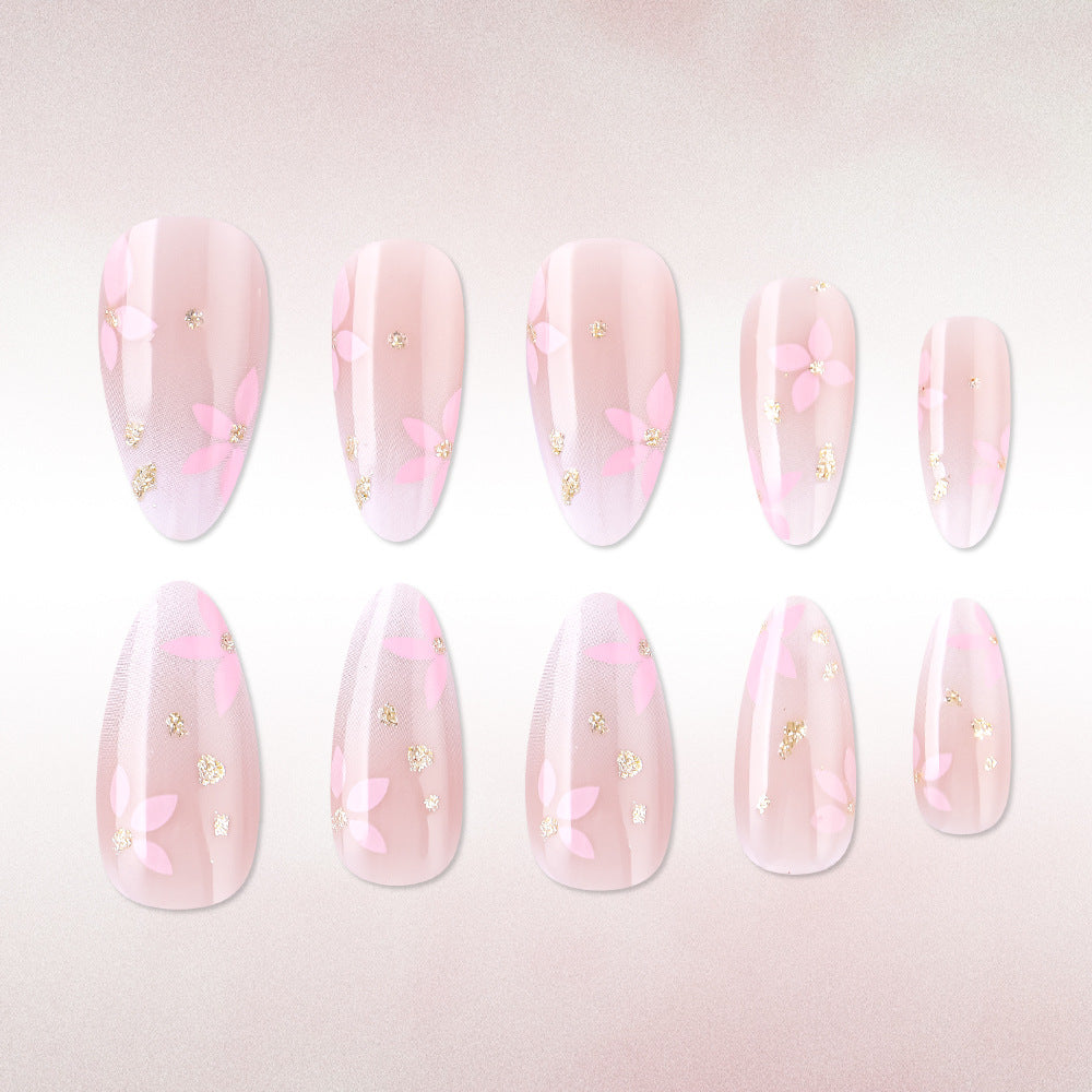 Blossoming Elegance Medium Almond Pink with Floral Accents Nail Set