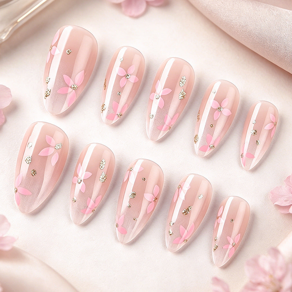 Blossom Elegance Medium Almond Pink Floral Press On Nail Set with Glitter Accents