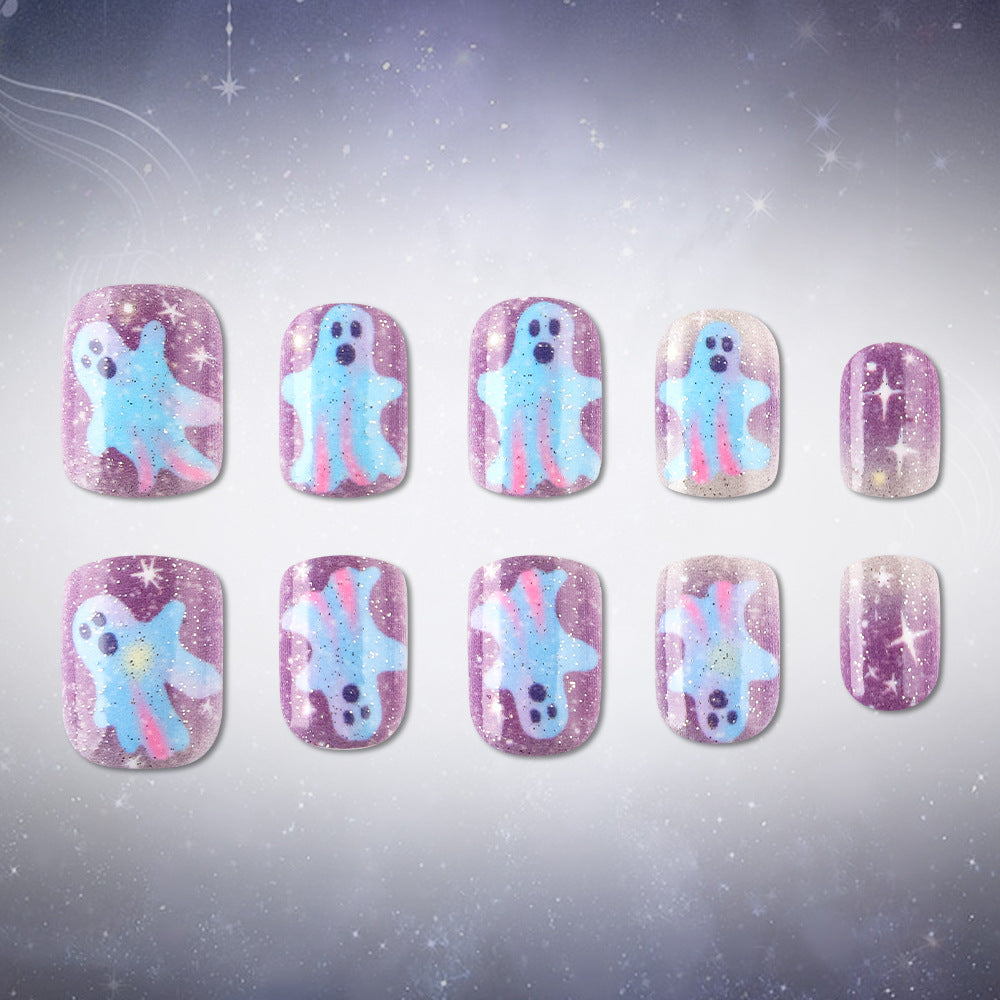 Whimsical Ghostly Nights Short Square Purple Glitter Press On Nail Set