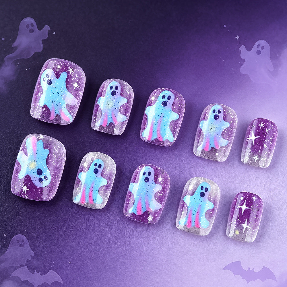 Spooky Short Square Purple Ghost Design Press On Nail Set with Glittering Stars
