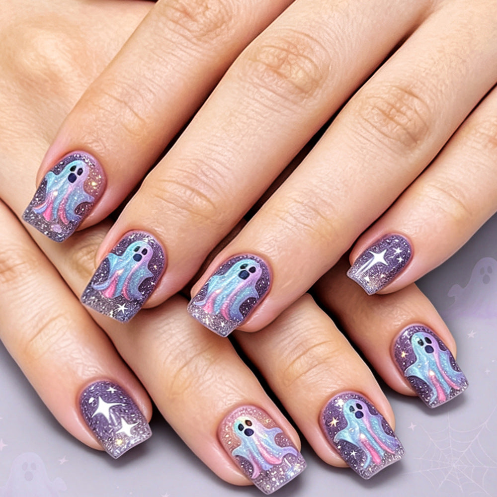 Spooky Halloween Short Square Purple Ghost Nail Set with Glittery Matte Finish