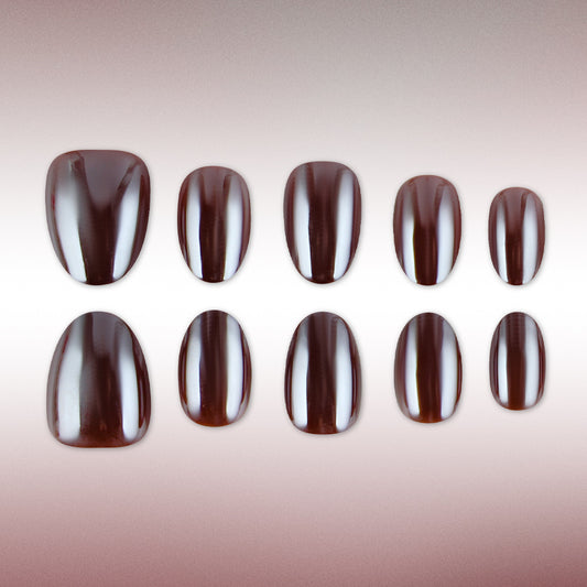 Glamorous Midnight Elegance Short Oval Dark Brown Glossy Press On Nail Set with Stunning Shine