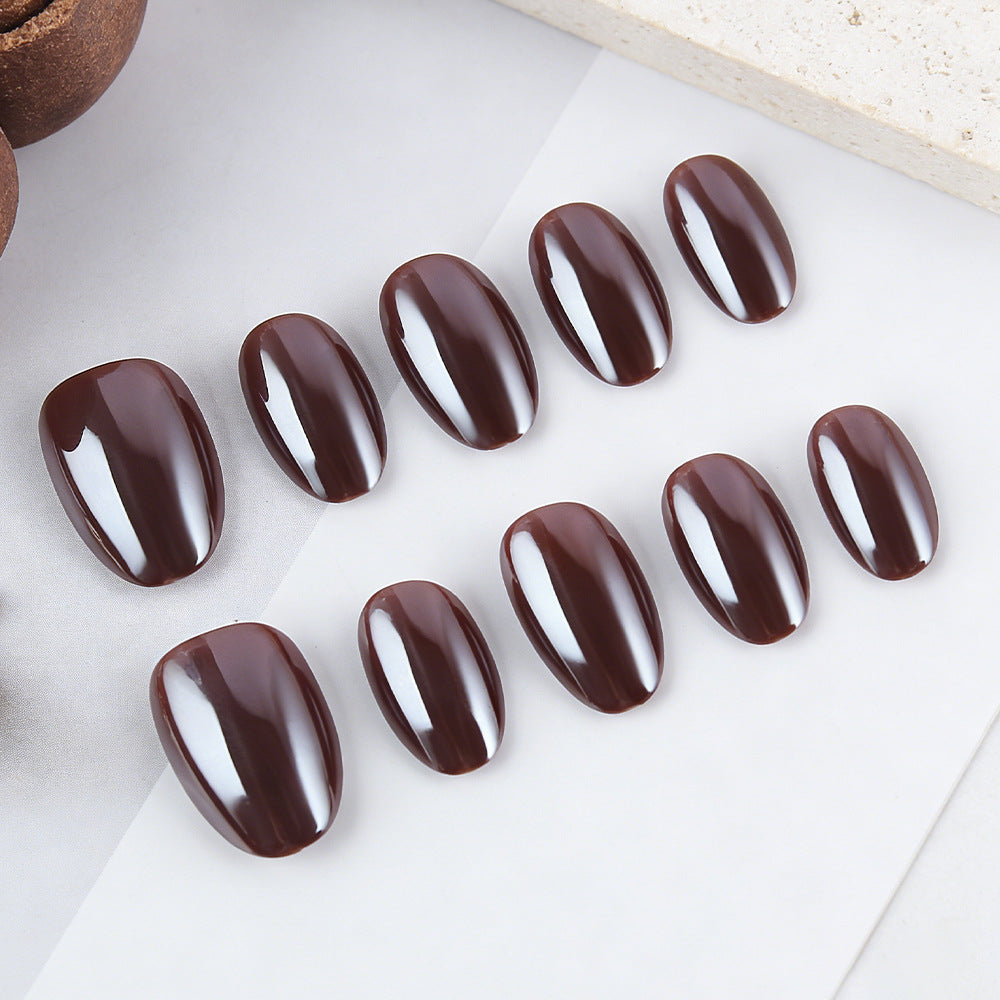 Elegant Cocoa Dream Short Oval Shaped Deep Brown Glossy Finish Press On Nail Set