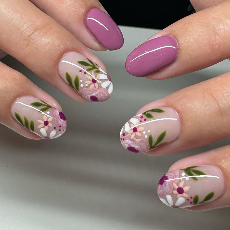 Botanical Bliss Mauve Medium Oval Press-On Nail Set with Intricate Floral Design