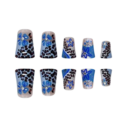 Wild Safari Adventure Long Duck Blue Leopard Print with 3D Flowers Press On Nail Set