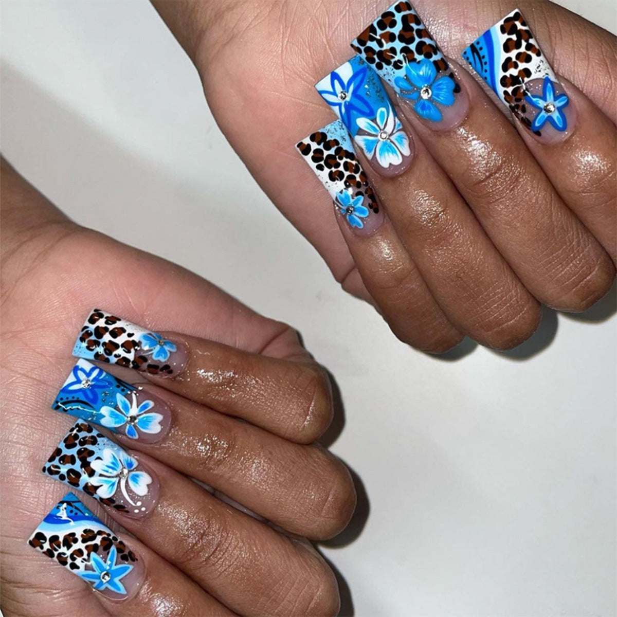 Safari Escape Long Duck Blue Press On Nails with Leopard Print and Butterfly Accents